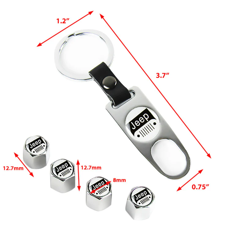 JEEP LOGO Set Emblems with Silver Keychain Tire Wheel Valves Air Caps - US SELLER - Image 3