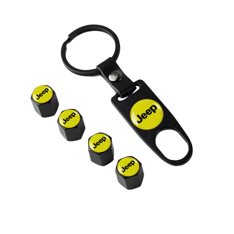 JEEP Universal Black Set Car Wheel Tire Valves Dust Stem Air Caps Keychain Emblem KEY FOB - US SELLER