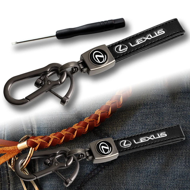 LEXUS Universal Black 3D Logo Leather Metal Gift Decor Quick Release Lanyard Keychain