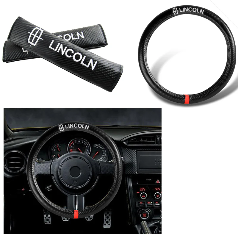 LINCOLN Set of Car 15" Steering Wheel Cover Carbon Fiber Style Leather with Seat Belt Covers