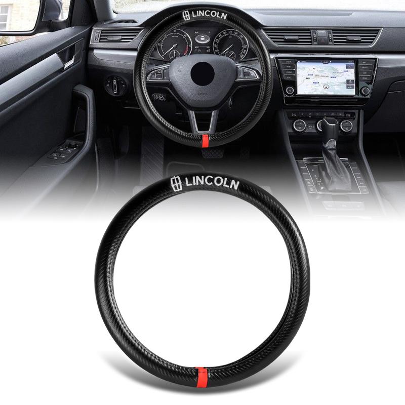 LINCOLN Set of Car 15" Steering Wheel Cover Carbon Fiber Style Leather with Seat Belt Covers - Image 7