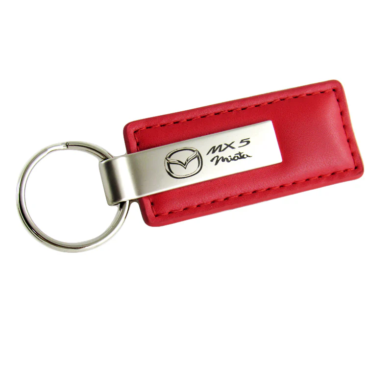 MAZDA MIATA MX5 Rectangle RED Leather Chrome Key Fob Keyring Keychain Lanyard