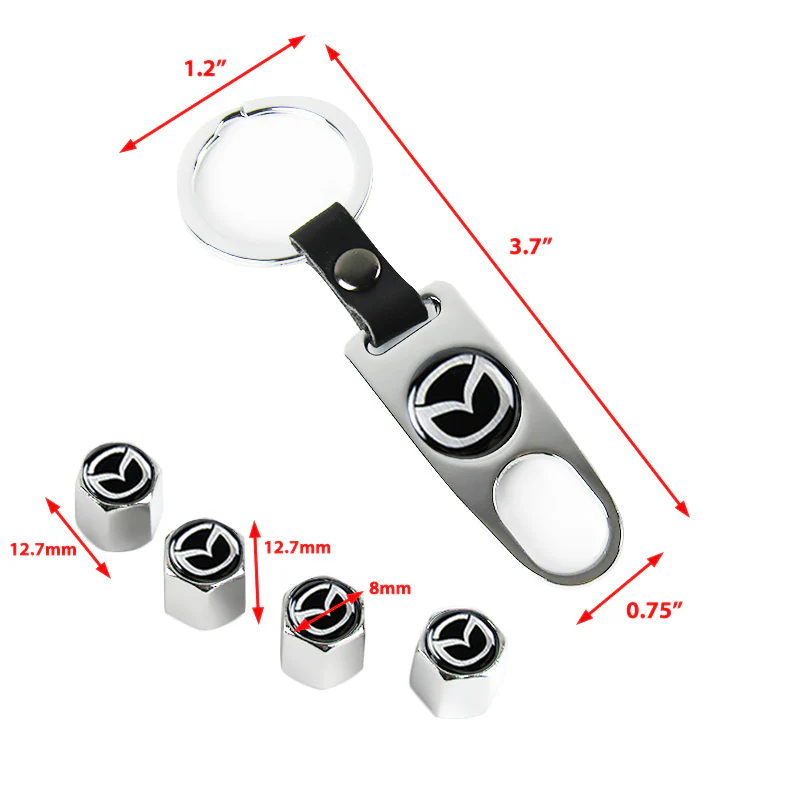 Mazda Set LOGO Emblems with Silver Keychain Wheel Tire Valves Air Caps - US SELLER - Image 3