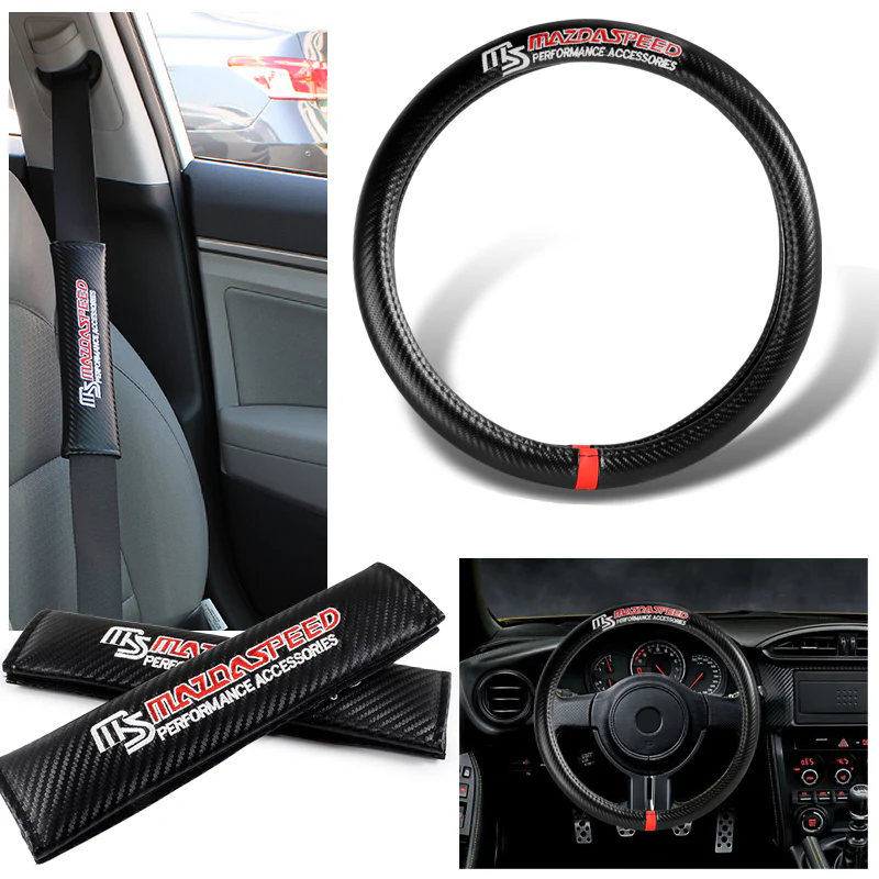 MAZDASPEED Set of Car 15" Steering Wheel Cover Carbon Fiber Style Leather MAZDA with Seat Belt Covers