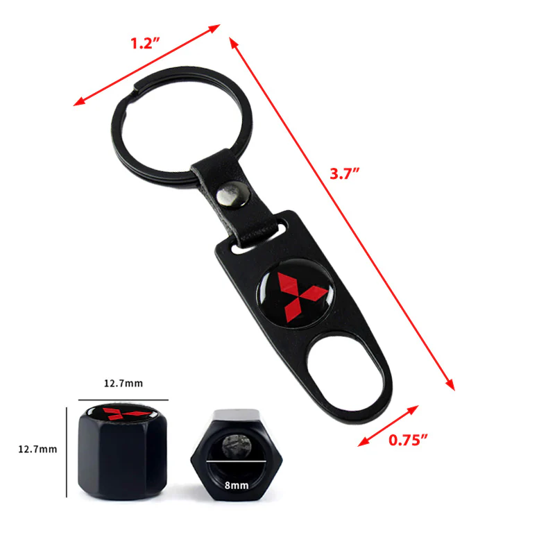 MITSUBISHI LOGO Set Emblems with Black Keychain Tire Wheel Valves Air Caps - US SELLER - Image 3