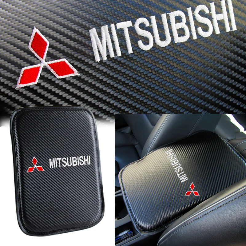 MITSUBISHI Set Embroidered Armrest Cushion with Seat Belt Cover Carbon Fiber Look Center Console Cover Pad Mat - Image 4