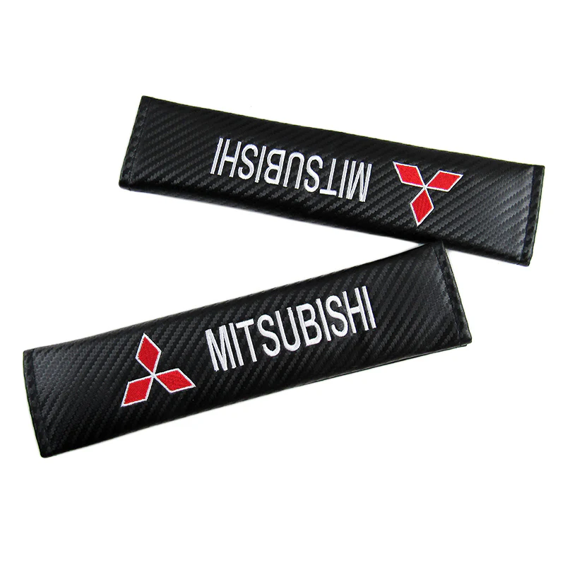 MITSUBISHI Set of Car 15" Steering Wheel Cover Carbon Fiber Style Leather with Seat Belt Covers - Image 4