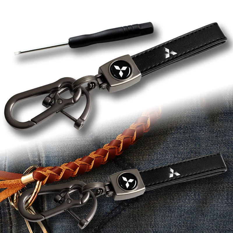 Mitsubishi Universal Black 3D Logo Leather Metal Gift Decor Quick Release Lanyard Keychain