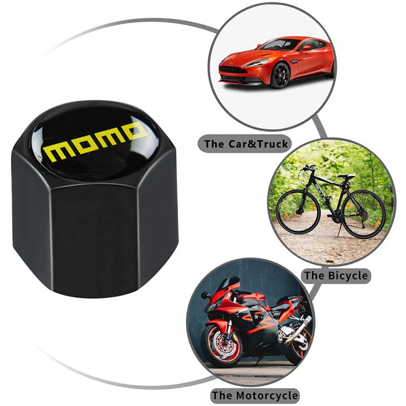 MOMO Sports Universal Car SUV Wheel Tire Valves Dust Stem Air Caps Keychain Emblem Black Set - Image 4
