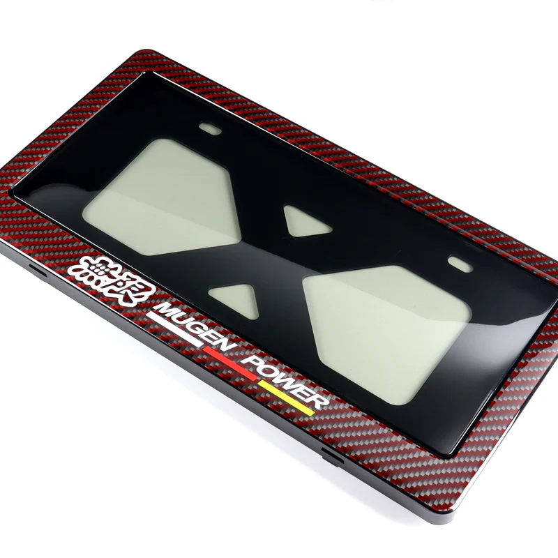 JDM MUGEN POWER Real Carbon Fiber License Plate Cover Protector Red Shield Frame with Bracket For Honda