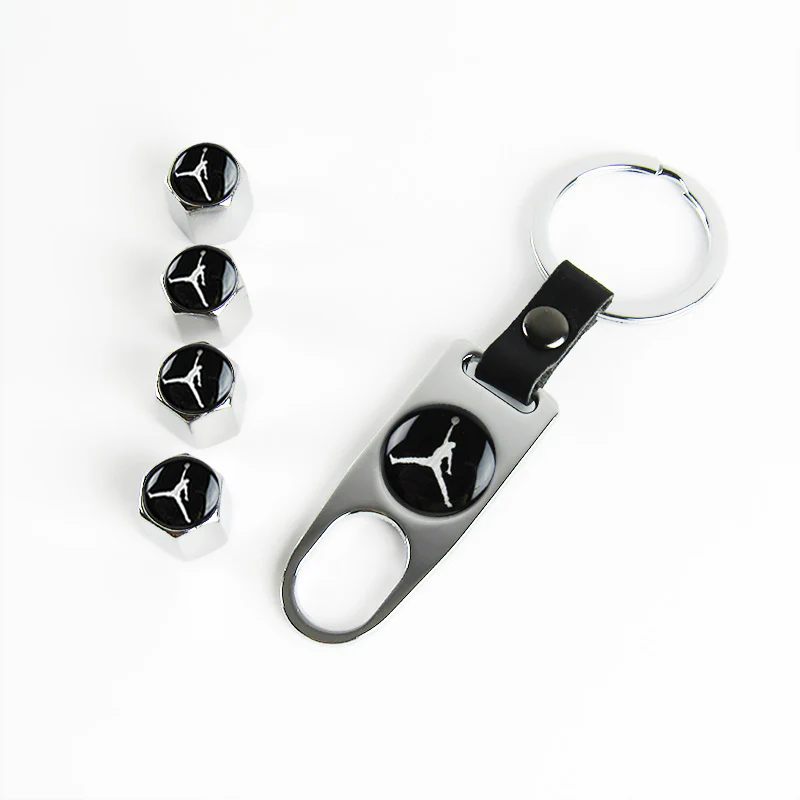 NBA Jordan Jumpman Logo Universal Car SUV Wheel Tire Valves Dust Stem Air Caps Keychain Emblem Silver Set - Image 6