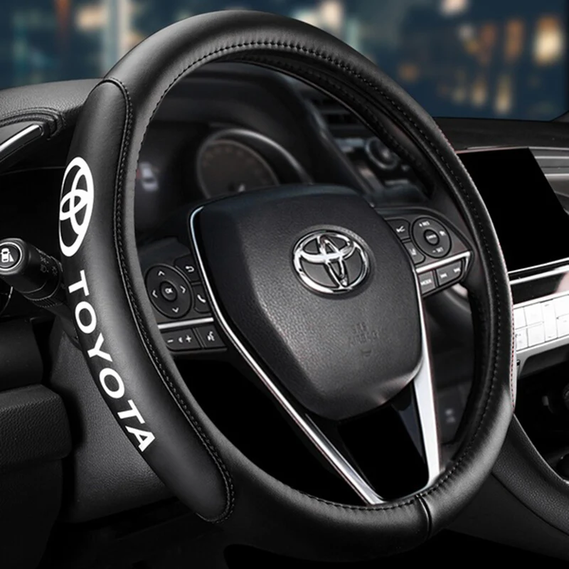 NEW TOYOTA Set Black 15" Diameter Car Auto Steering Wheel Cover Quality Leather with Center Console Armrest Cushion Mat Pad Cover - Image 3