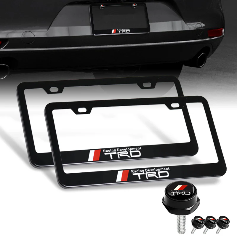 New TRD 2 pcs Black Stainless Steel License Plate Frame with Caps Bolt Screw Set