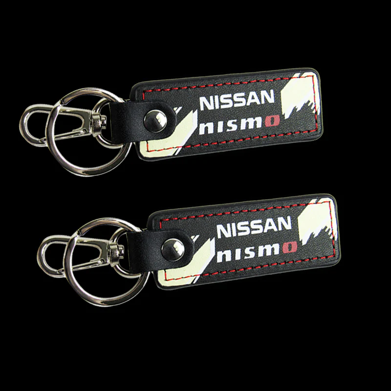 NISSAN NISMO JDM 2 pc Black Leather Rectangle Key Fob Keyring Keychain Tag Lanyard Holder Clip New