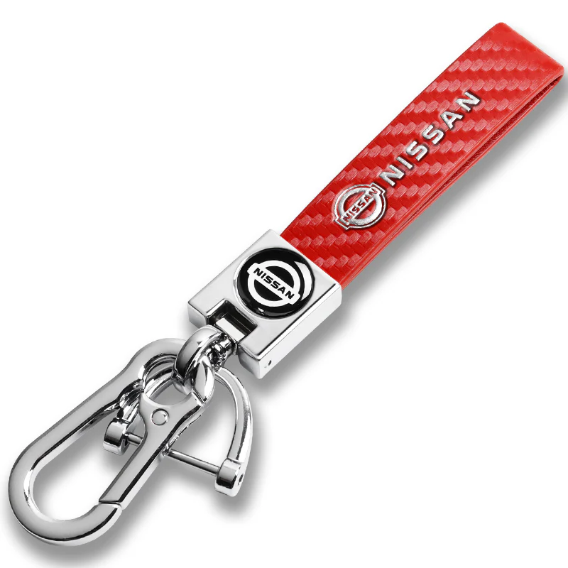 NISSAN NISMO Universal Chrome 3D Logo Carbon Fiber Look Red Leather Metal Gift Decor Quick Release Lanyard Keychain