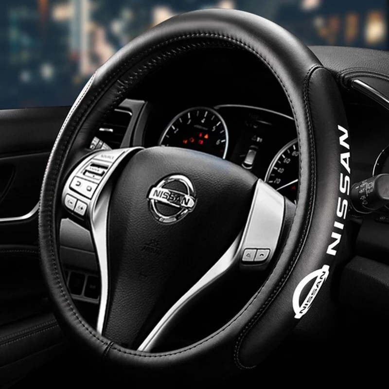 NISSAN Set Black 15" Diameter Car Auto Steering Wheel Cover Quality Leather with Center Console Armrest Cushion Mat Pad Cover - Image 6