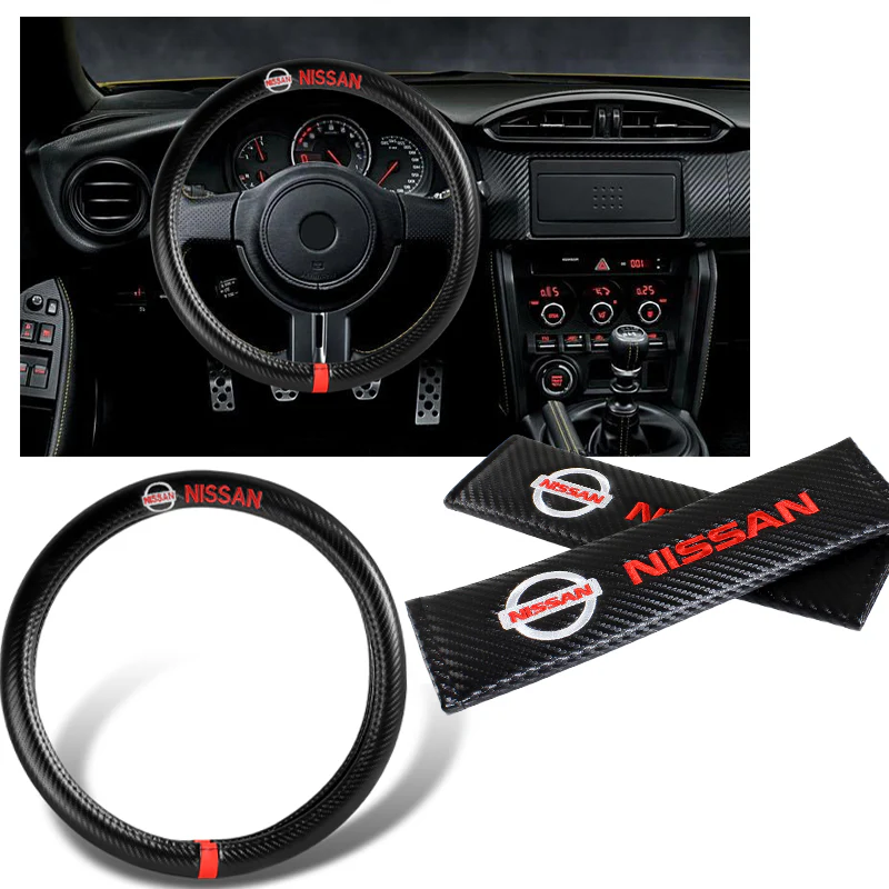 NISSAN Set of Car 15" Steering Wheel Cover Carbon Fiber Style Leather NISMO with Seat Belt Covers