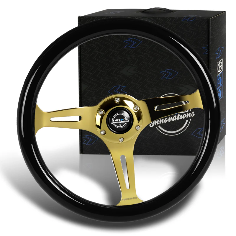 NRG 13.75" 350mm 6-Bolt Hole Black Classic Wood Grip Aluminum Finished 3-Spoke Steering Wheel ST-015CG-BK -Chrome Gold Spoke