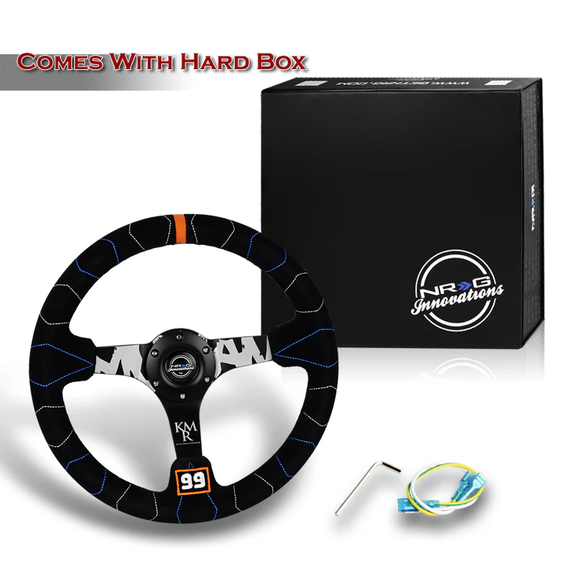 NRG 14" 350mm 6-Bolt Hole Black Suede With Color Stitch Grip Aluminum Finished Black 3-Spoke 3 Inch Deep Dish Racing Steering Wheel RST-036MB-S-KMR -Kyle Mohan Edition - Image 6
