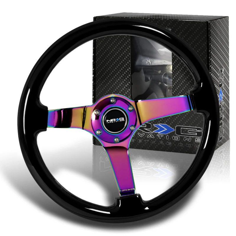 NRG 14" 350mm 6-Bolt Hole Black Wood Grip With Aluminum Finished 3-Spoke 3 Inch Deep Dish Steering Wheel RST-036BK-MC -Neo Chrome Spoke