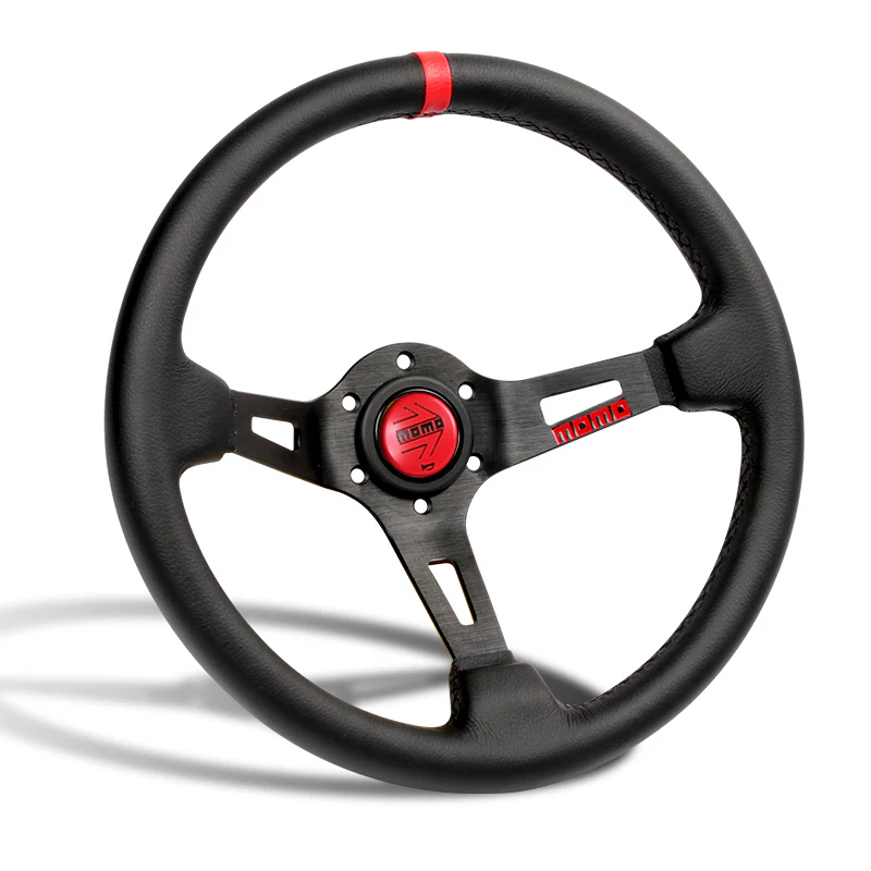 Red Line 350mm MOMO Racing Deep Dish Steering Wheel Microfiber Leather with Red MOMO Horn Button