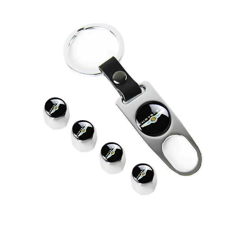 Silver CHRYSLER Car Wheel Tire Valves Dust Stem Air Caps Keychain Emblem KEY FOB Set - US SELLER