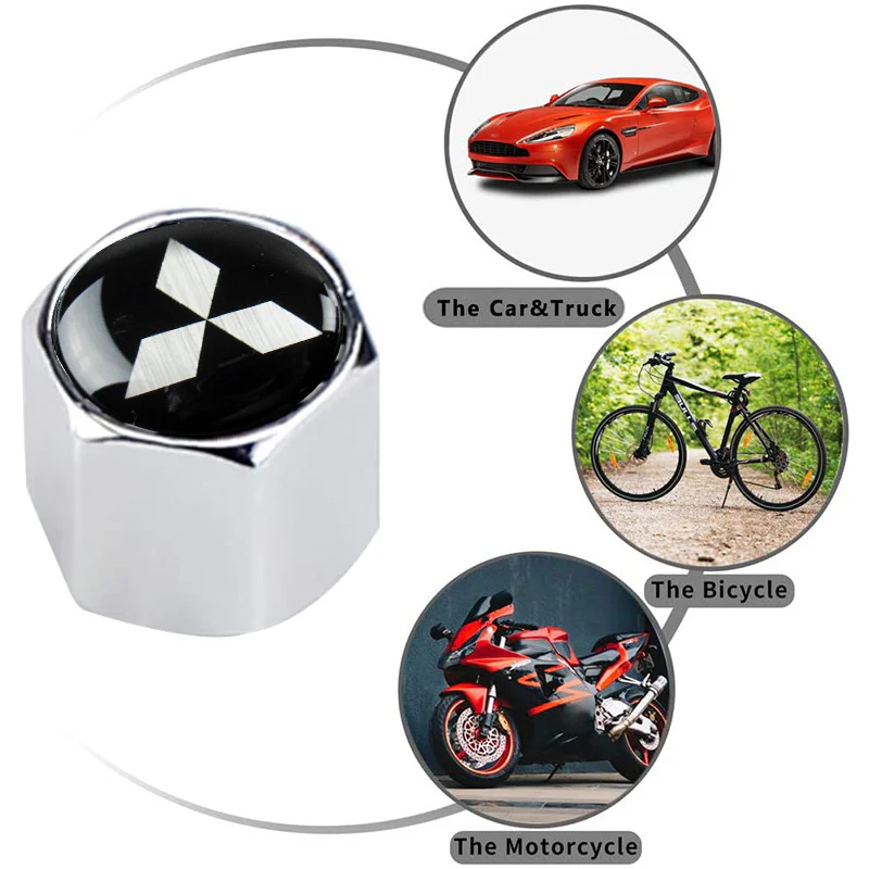 Silver MITSUBISHI Universal Car SUV Wheel Tire Valves Dust Stem Air Caps Keychain Emblem Set - Image 4