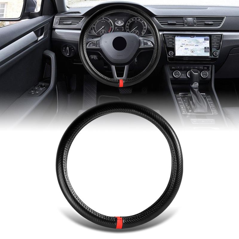 SRT Hellcat Set of Car 15" Steering Wheel Cover Carbon Fiber Style Leather DODGE with Seat Belt Covers - Image 3