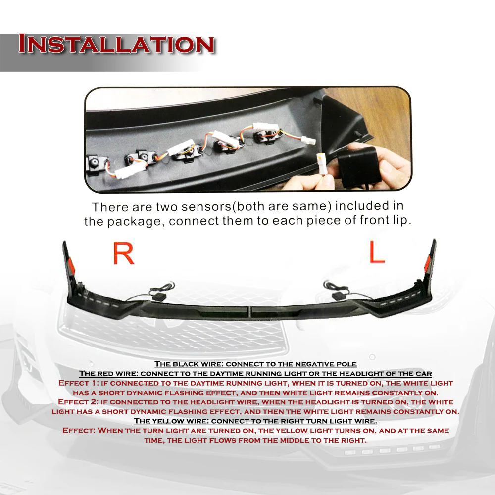 STP-Style For 2014-2017 Infiniti Q50 Luxe / Base Front Bumper Lip With LED Sequential Light -Carbon Fiber Look - Image 5