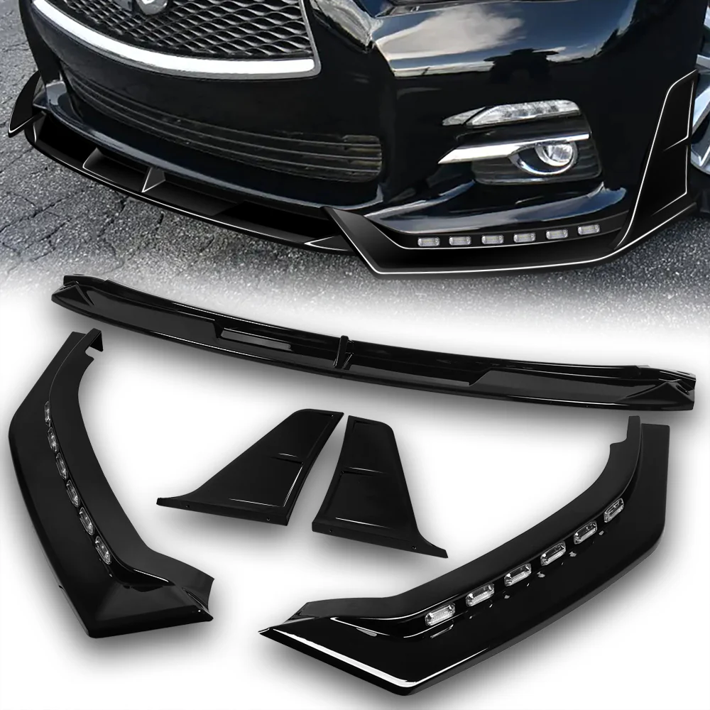 STP-Style For 2014-2017 Infiniti Q50 Luxe / Base Front Bumper Lip With LED Sequential Light -Painted Black