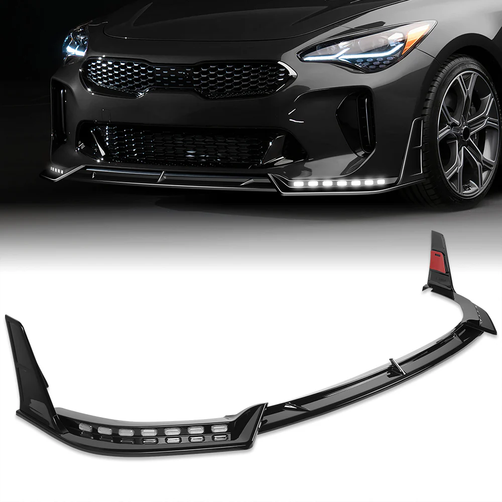 STP-Style For 2018-2023 Kia Stinger GT-Line Front Bumper Lip Splitter With LED Sequential Light -Painted Black