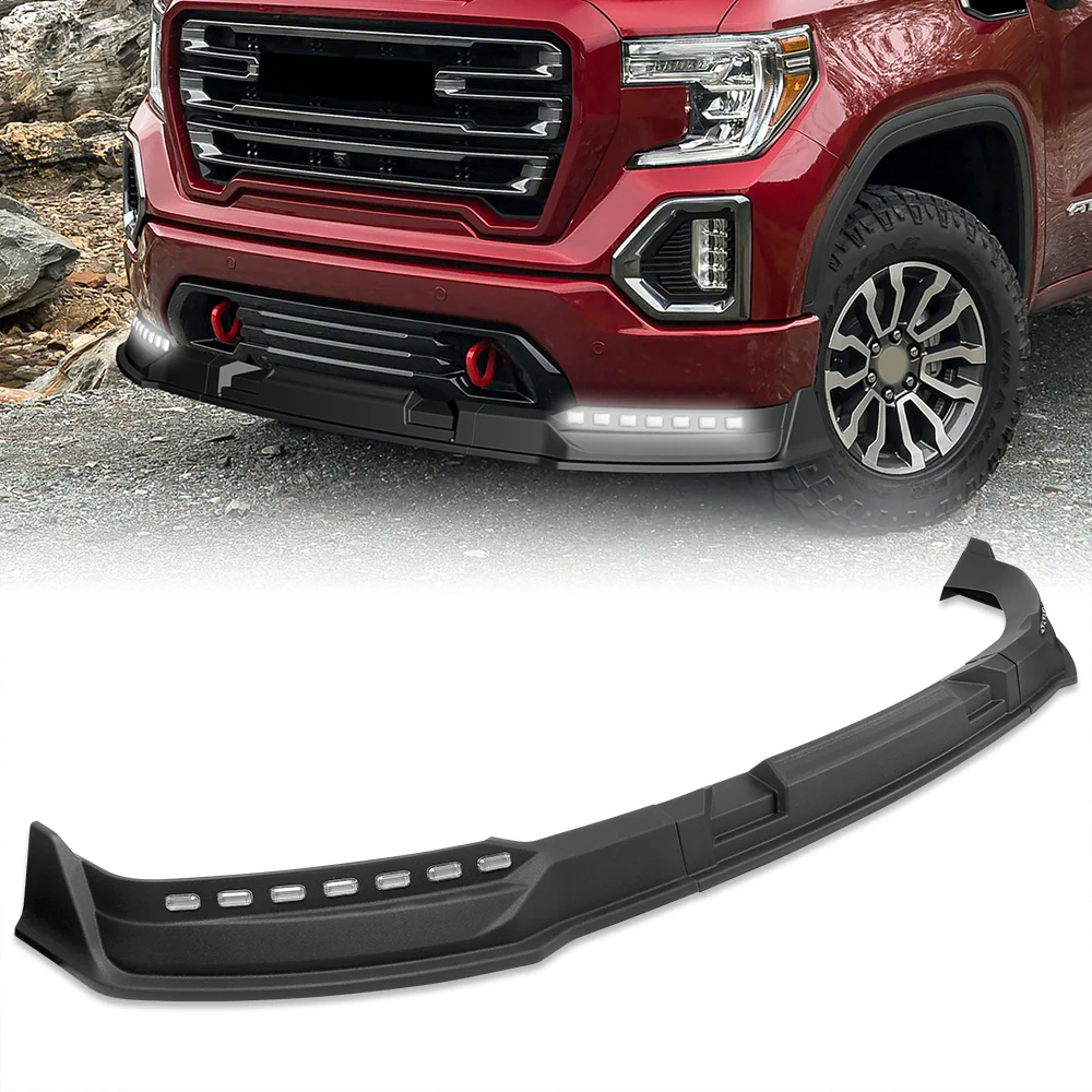 STP-Style For 2019-2021 GMC Sierra 1500 Front Bumper Lip Splitter With LED Sequential Light -Unpainted Matte Black