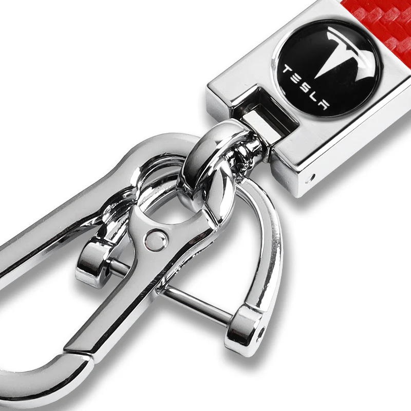 TESLA Universal Chrome 3D Logo Carbon Fiber Look Rare Red Leather Metal Gift Decor Quick Release Lanyard Keychain - Image 3