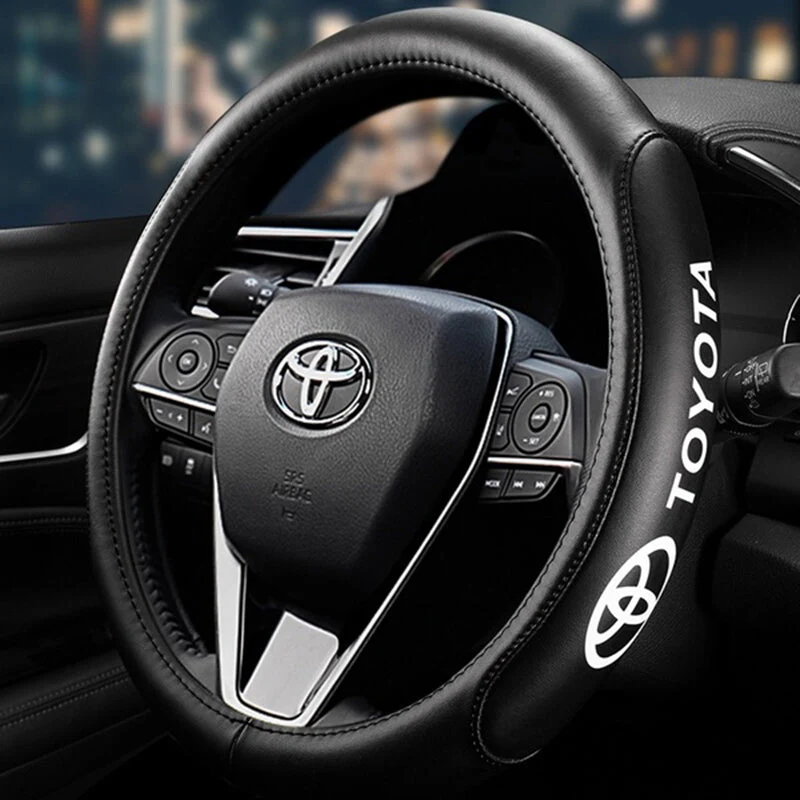 Toyota Set Genuine Leather Black 15" Diameter Car Auto Steering Wheel Cover with Red Steering Wheel Emblem - Image 3