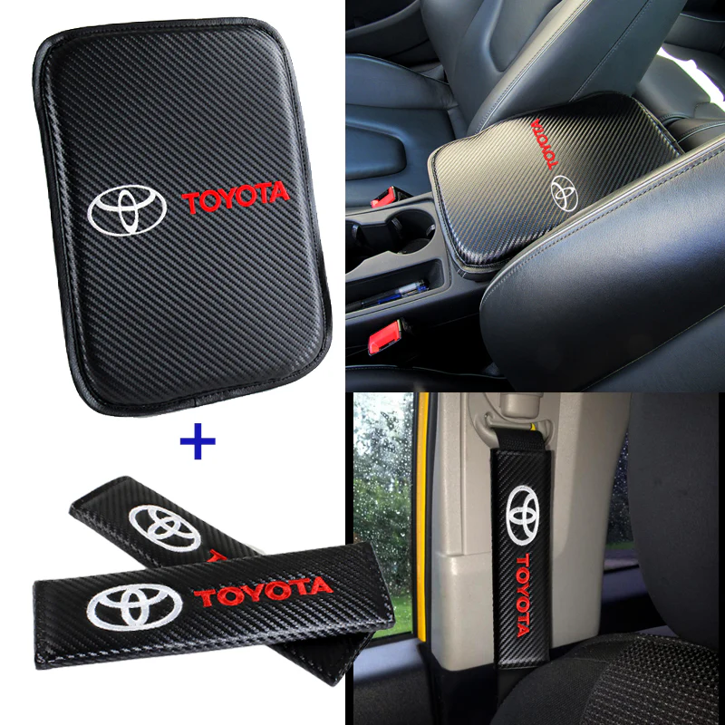 Toyota Set of Carbon Fiber Look Embroidered Armrest Cushion & Seat Belt Cover