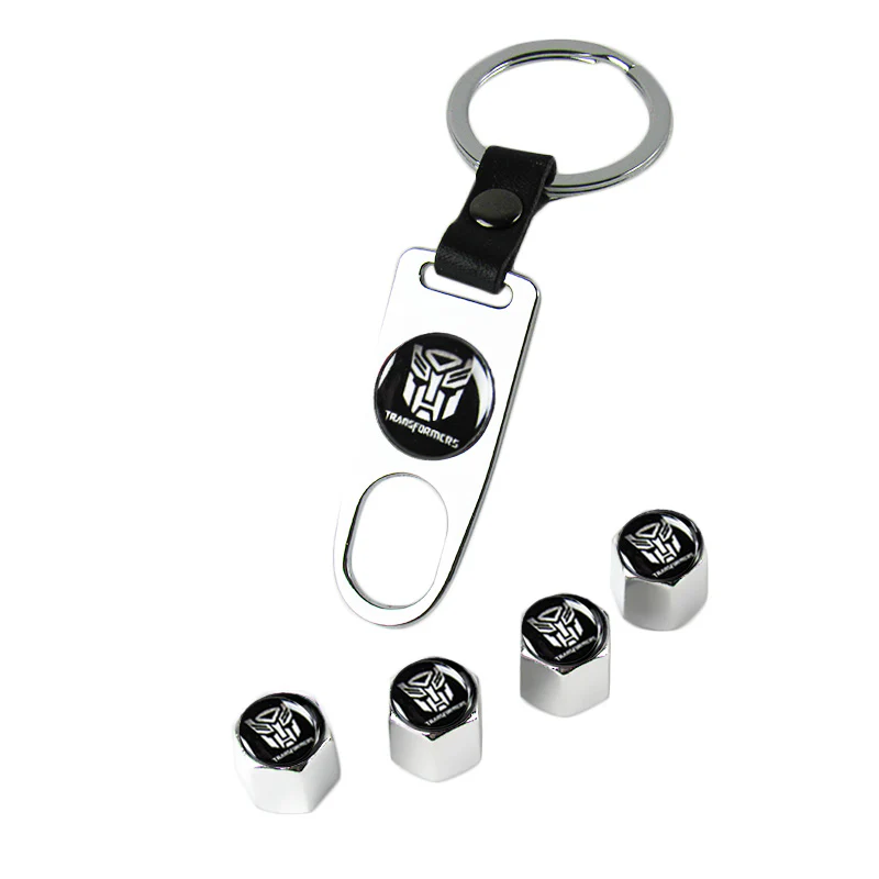 Transformer AUTOBOT Silver Car Wheel Tire Valves Dust Stem Air Caps Keychain Emblem KEY FOB Set - US SELLER