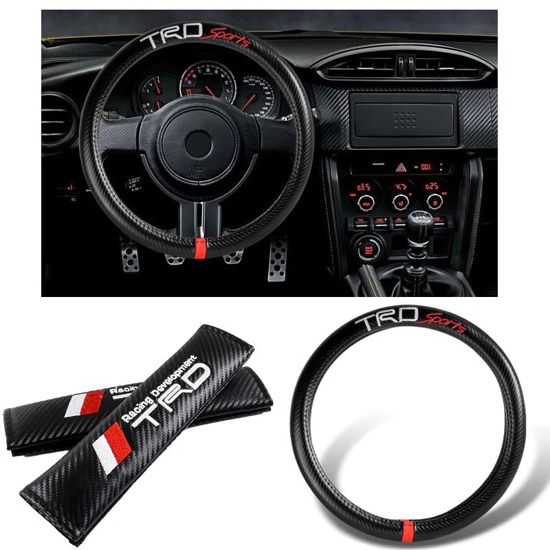 TRD Sports Set of Car 15" Steering Wheel Cover Carbon Fiber Style Leather with TRD Seat Belt Covers