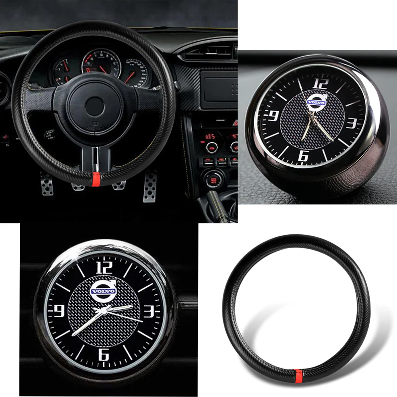 VOLVO Set of Car 15" Steering Wheel Cover Carbon Fiber Look Leather with Exquisite Clock