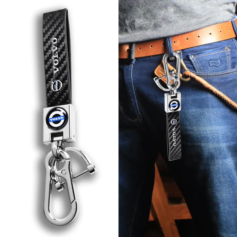VOLVO Universal Chrome 3D Logo Carbon Fiber Look Black Leather Metal Gift Decor Quick Release Lanyard Keychain - Image 7