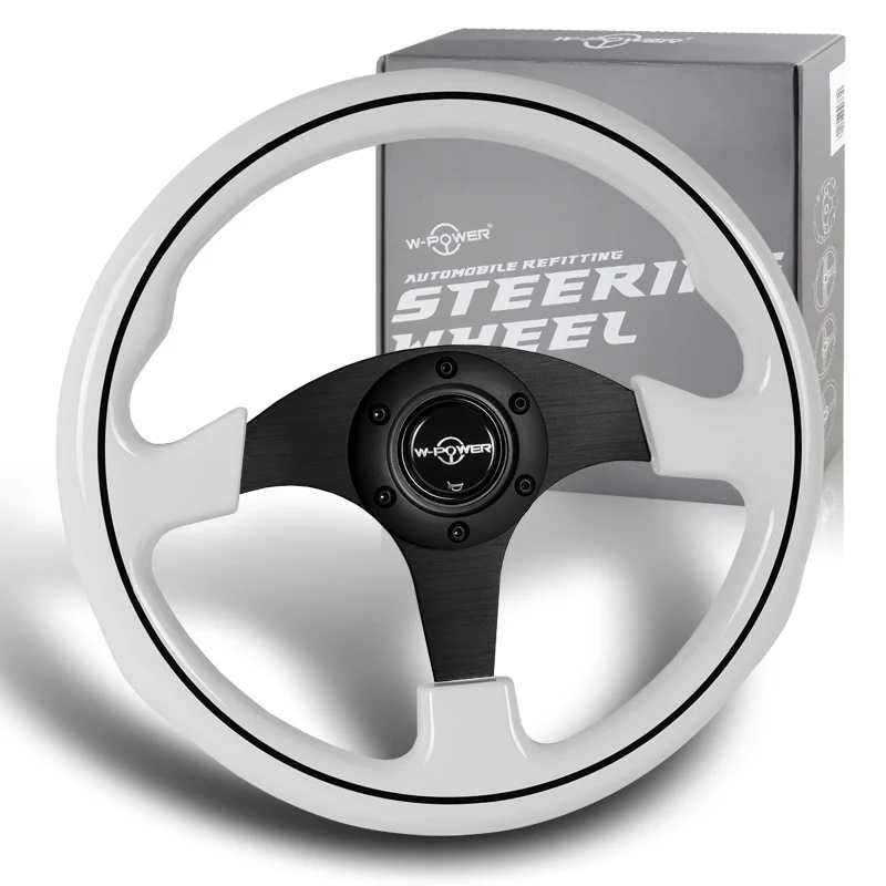 W-Power 13" 330mm Reinforced 6-Bolt Hole JDM Euro VIP Style Galaxy Classic Wood Grain Trim Grip With Aluminum Finished 3-Spoke Steering Wheel -White Wood With Black Line Grip