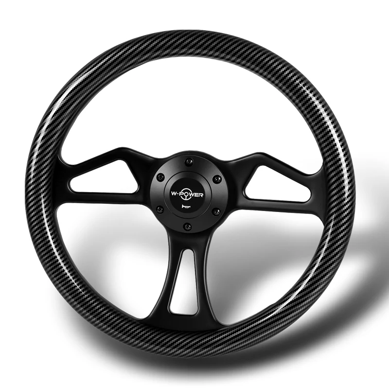 W-Power 14" 350mm 6-Bolt Hole Carbon Fiber Look Style Grain Grip With Aluminum Finished 3-Spoke Steering Wheel -Black Center Spoke - Image 4
