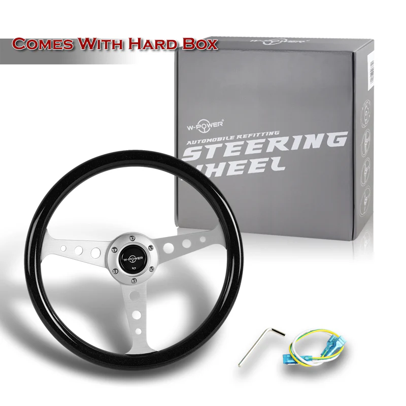 W-Power 14" 350mm 6-Bolt Hole JDM Euro VIP Style Galaxy Black Classic Wood Grain Trim Grip With Aluminum Finished 3-Spoke Steering Wheel -Black Sparkled Wood Grip/Silver Center Spoke - Image 6