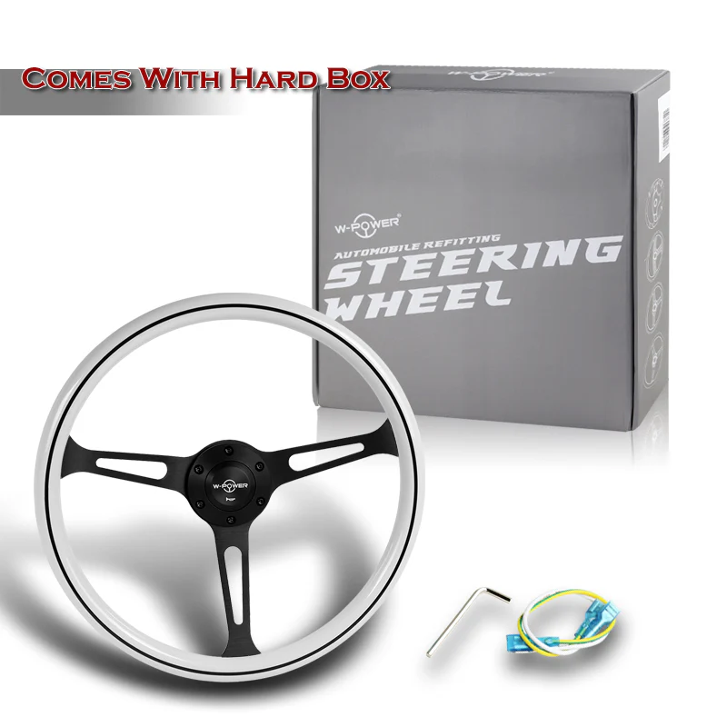W-Power 15" 380mm 6-Bolt Hole JDM Euro VIP Style Classic Trim Grip With Aluminum Finished 3-Spoke 3 Inch Deep Dish Steering Wheel -White Wood Grain With Black Line/Matte Black Center Spoke - Image 6