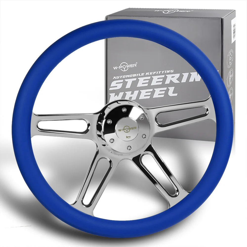 W-Power 18" 457mm 5-Bolt Hole With Aluminum Finished 4-Spoke Half Wrap Steering Wheel -Blue Leather Grip/Chrome Center Spoke