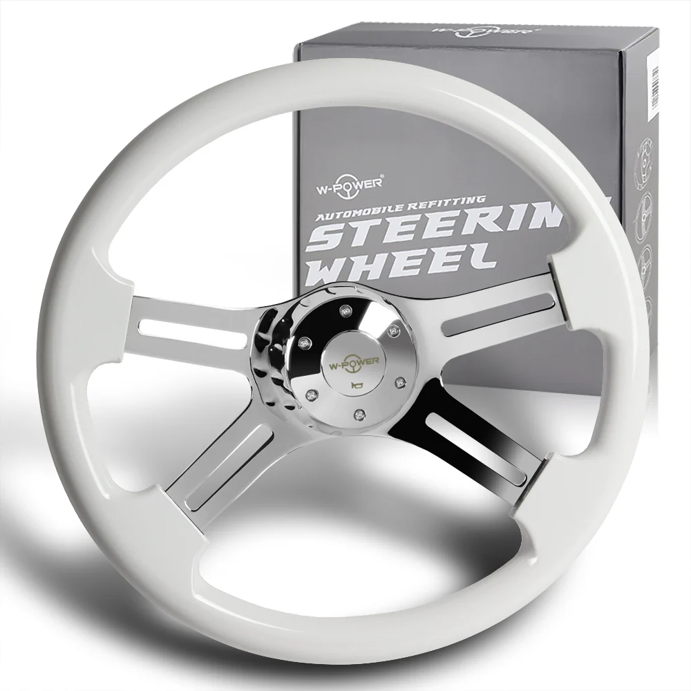 W-Power 18" 457mm 5-Bolt Hole With Aluminum Finished 4-Spoke Steering Wheel -White Wood Grip/Chrome Center Spoke