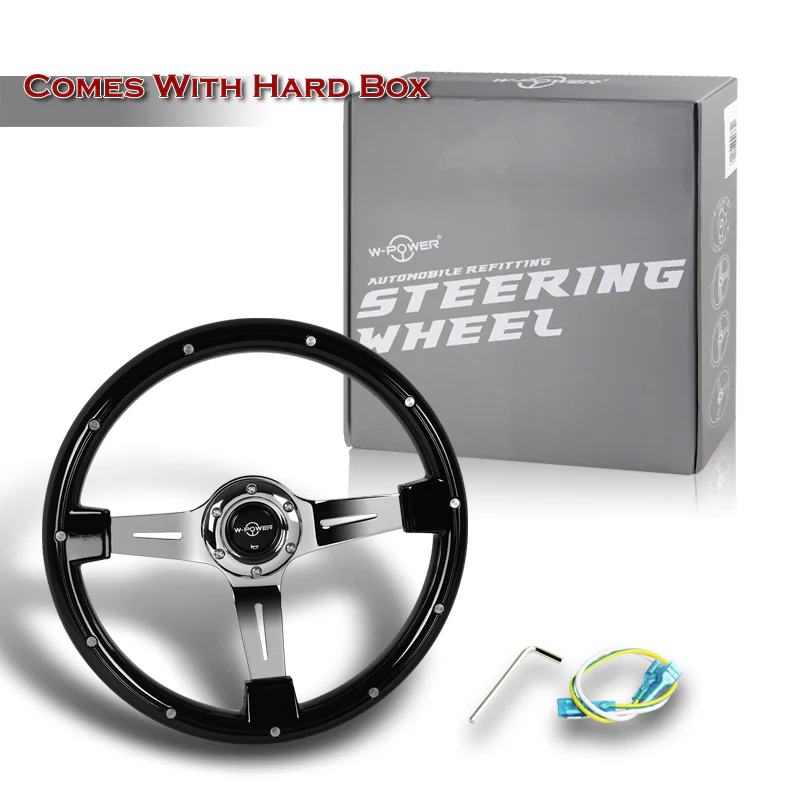 W-Power 14" 355mm 6-Bolt Hole Classic Style Galaxy Black Wood Grain Grip With Aluminum Finished 3-Spoke Steering Wheel -Chrome Center Spoke - Image 6