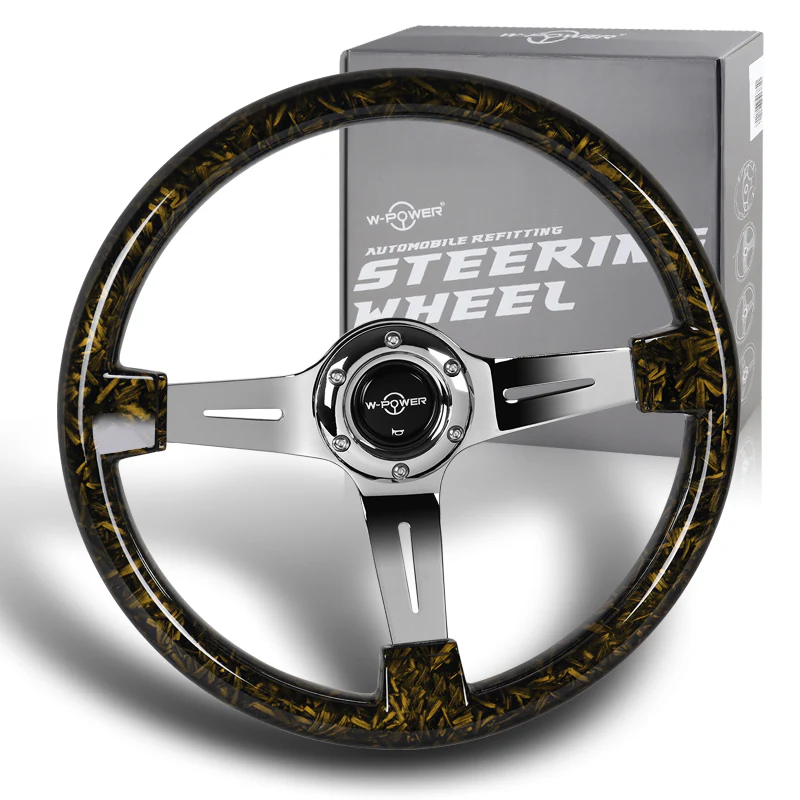 W-Power 14" 355mm 6-Bolt Hole VIP Style Galaxy Forged Carbon Fiber With Aluminum Finished 3-Spoke Steering Wheel -Forged Gold Carbon Fiber